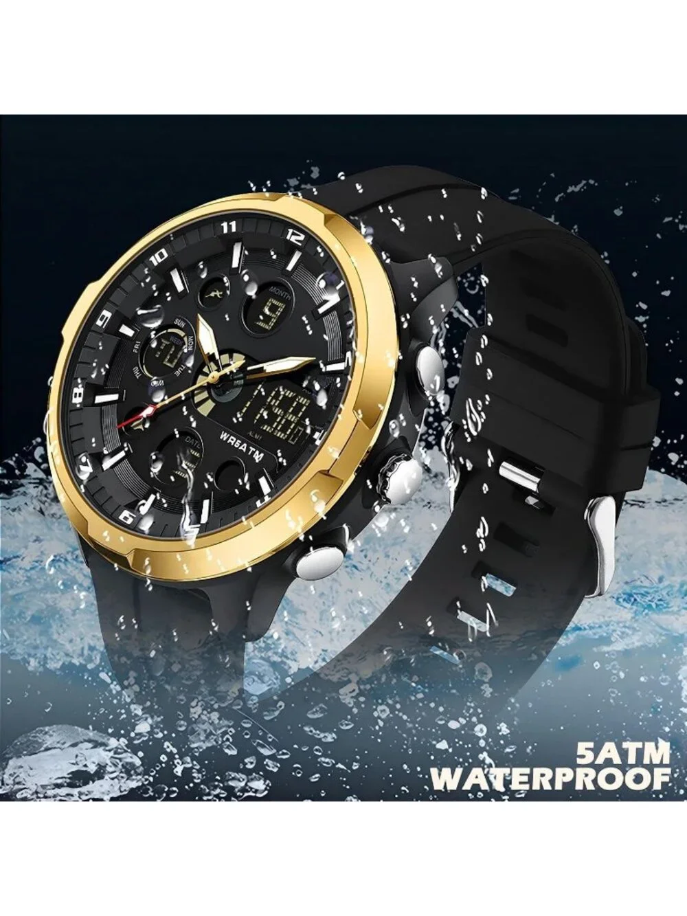 Men Gold Large Face Watches Chronograph Waterproof Sport Military Heavy Duty